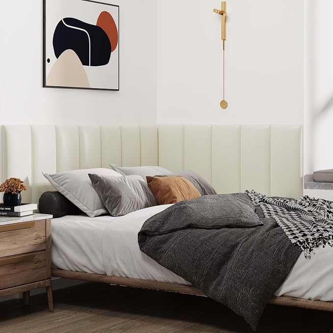 IFNOW Wall Mounted Upholstered Headboard King, 3D Peel and Stick Soundproof Wall Panels, Reusable and Removable Padded Headboard Leather Bed, 12 Panels 9.84" x 23.62", Beige