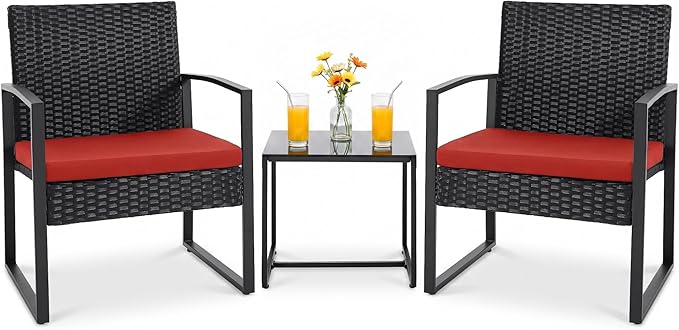 Flamaker 3 Pieces Wicker Patio Furniture Outdoor Modern Rattan Chair Conversation Sets with Coffee Table for Yard and Bistro (Red)