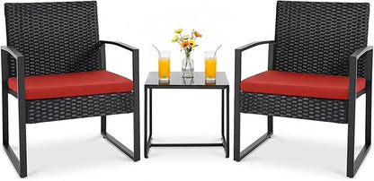 Flamaker 3 Pieces Wicker Patio Furniture Outdoor Modern Rattan Chair Conversation Sets with Coffee Table for Yard and Bistro (Red)