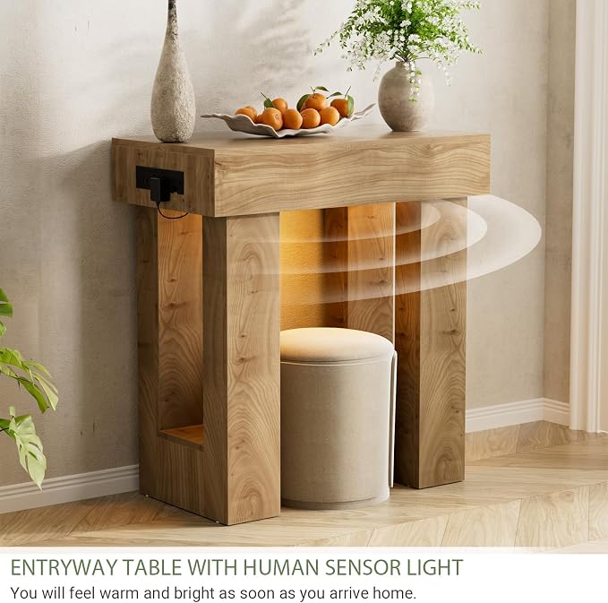 Unikito 32" Entryway Table with Socket and Sensor Light, Narrow Console Table with Storage Behind Couch, Farmhouse Entryway Table for Hallway, Behind the Couch, Living Room, Foyer