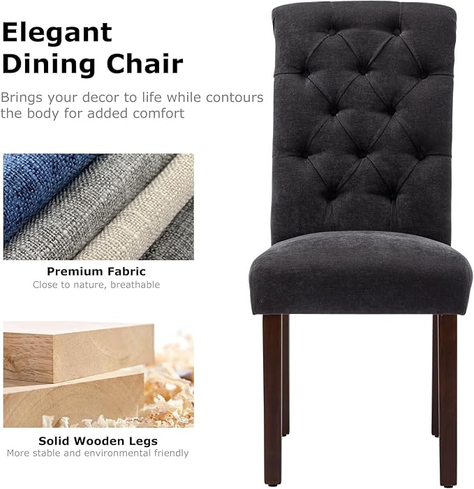 COLAMY Button Tufted Dining Chairs Set of 4, Parsons Upholstered Fabric Dining Room Chairs Kitchen Chairs with Wood Legs and Padded Seat, Black