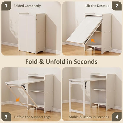 Bamboo Folding Desk for Small Spaces with Storage, Foldable Mid Century Modern Drop Leaf Desk, Vintage Fold Out Hideaway Small Desks for Bedroom or Home Office, White