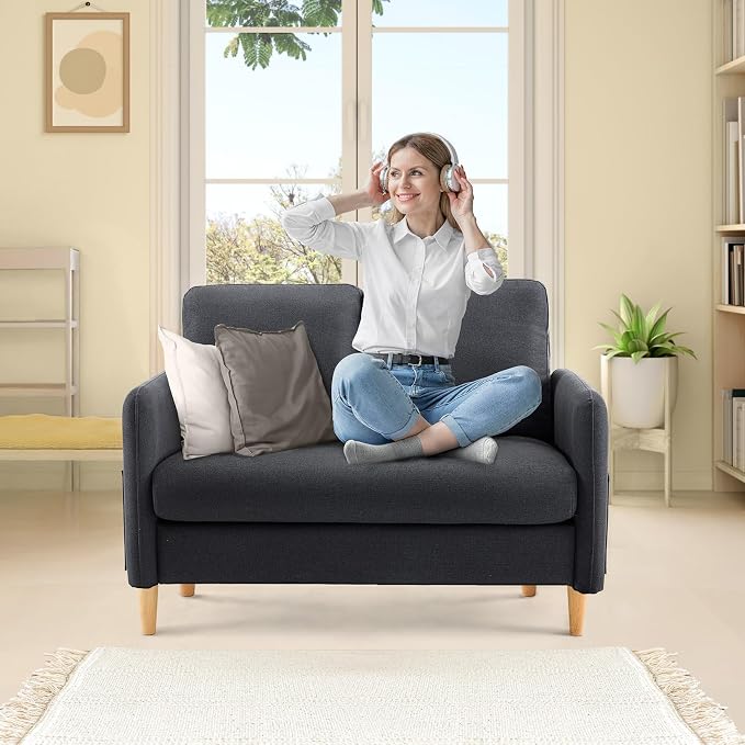 VINGLI 47" Small Couch, Linen Loveseat Sofa Black Mini Couch Mid Century Modern Decor Love Seat for Small Spaces Living Room, Bedroom, Play Room