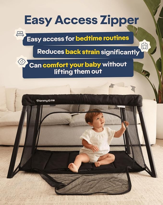 Mommy&Me Travel Crib for Baby and Toddler, Black | Lightweight 14 lb, Portable Playard, Folds in Seconds with Carry Bag, Breathable Mesh Sides, Easy Side-Zip Access