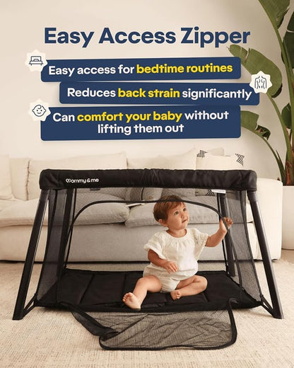 Mommy&Me Travel Crib for Baby and Toddler, Black | Lightweight 14 lb, Portable Playard, Folds in Seconds with Carry Bag, Breathable Mesh Sides, Easy Side-Zip Access
