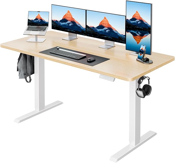 HUANUO Electric Standing Desk,53" x 28" Height Adjustable Desk, 4 Memory Height Settings, Sit to Stand Up Desk for Home Office, with Headphone Hook, Cable Manager, Natural