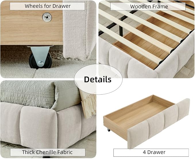 KEIKI King Thick Chenille Bed Frame with 4 Storage Drawer & Upholstered Tufted Headboard, Modern Solid Wood Floor Platform for Bedroom, No Box Spring Needed
