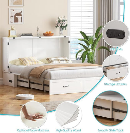 CECER Queen Murphy Bed with Mattress，Space Saving and Easy Assemble-White | Built-in Multi-Port Charging Station ＆ Large Storage Drawer，Sturdy frame ＆ Easy to Move Track