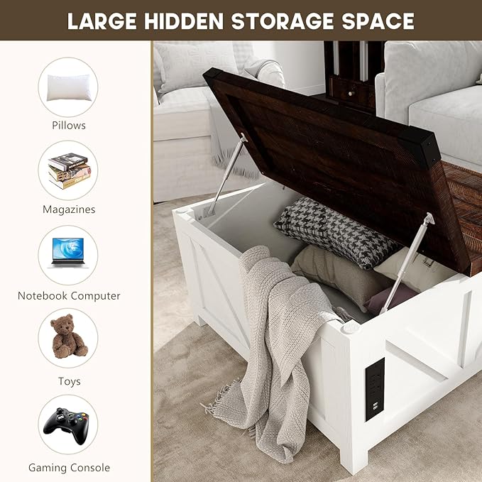 jimeimen Farmhouse Lift Top Coffee Table with Storage, Wood Square Center Table with Charging Station&USB Port, Living Room Table w/Large Hidden Space, for Living Room, Bedroom, Home Office, White