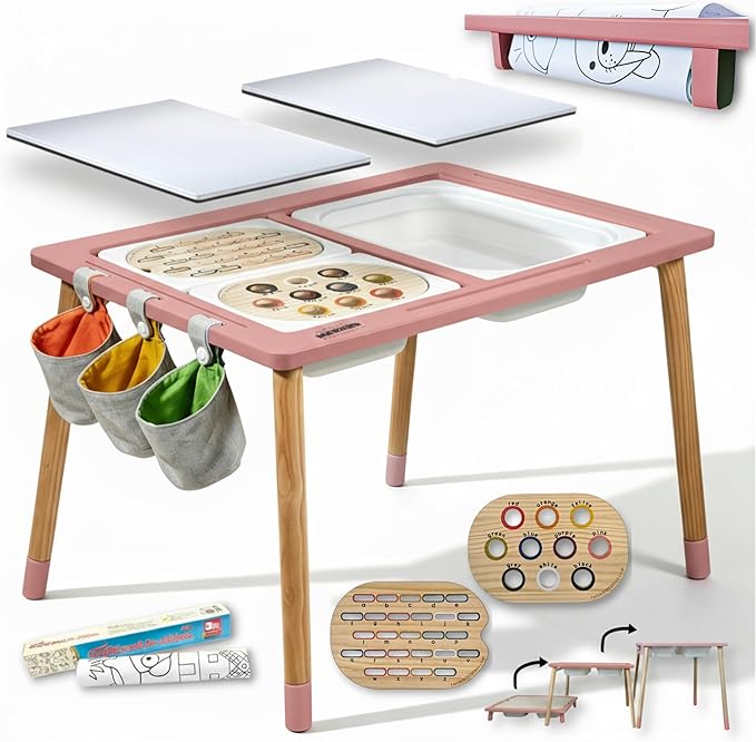 Sensory Table for Toddlers Wooden Montessori Adjustable Activity Table | Adjustable height grows with child · 3 sensory bins · Converts to activity table · Montessori open-ended play · Storage bags