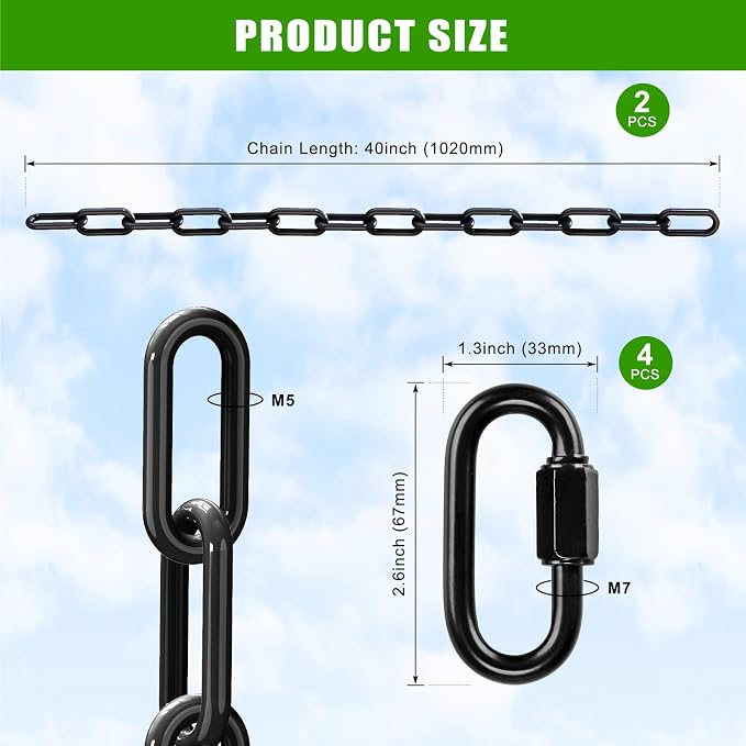 BeneLabel 2Pcs 40" (3.3ft) Heavy Duty Hanging Chains with Carabiner 1000 LB Capacity Black Coated Swing Extension Chain Hammock Chains for Swingset, Hanging Chair, Porch Swing, Punching Bags