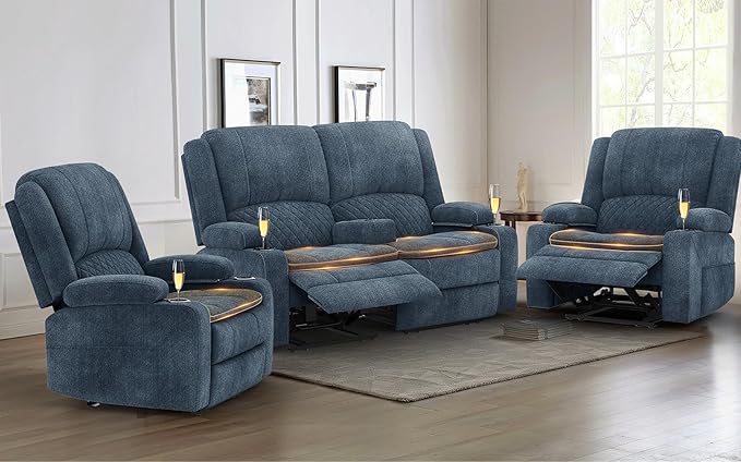 Yolsali Loveseat Recliner Sofa Set with 2-Tier Cushion, 2+1+1 Pieces in Living Room, 2 Seater Reclining Loveseat Velvet Fabric with Removable Console, 2 Oversize Recliner Chair Sofa Seat - Blue