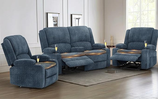 Yolsali Loveseat Recliner Sofa Set with 2-Tier Cushion, 2+1+1 Pieces in Living Room, 2 Seater Reclining Loveseat Velvet Fabric with Removable Console, 2 Oversize Recliner Chair Sofa Seat - Blue