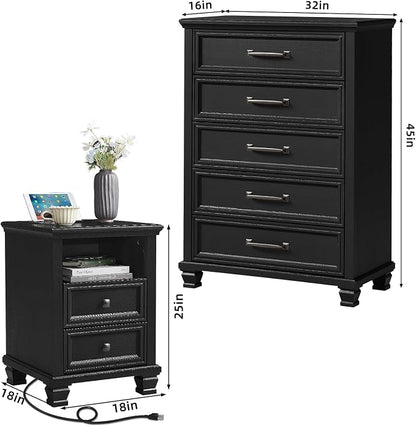 SAVOR LIFE Farmhouse Dresser and Nightstand Sets 3 Piece, 5 Drawer Dresser & 2 Drawer Nightstand Set, Rustic Wood Bedroom Furniture Set for Home, Bedroom, Hallway, Black