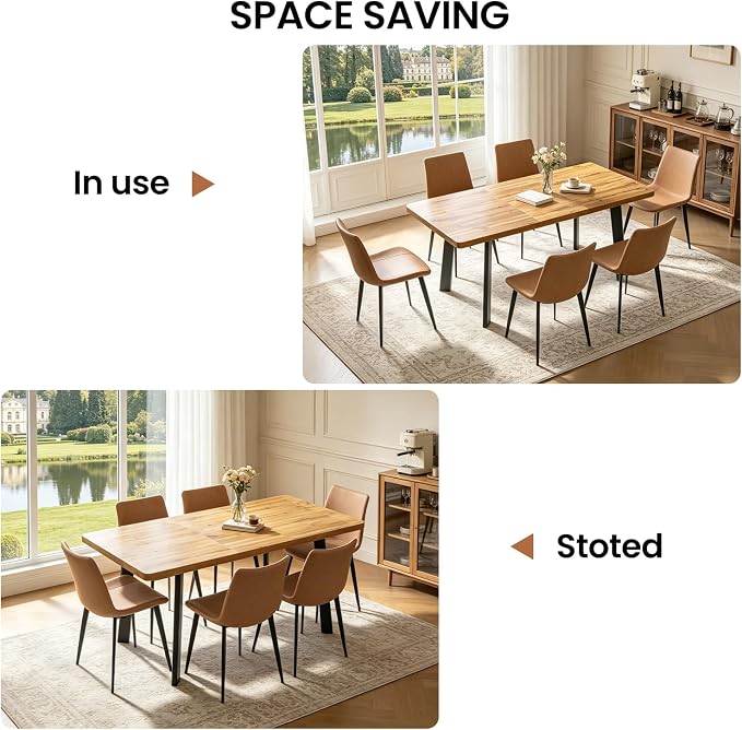 Extendable Dining Table Set for 4 to 8 People, 47.2" to 63" Modern Kitchen Table Set with 6 Leather Chairs, MDF Dining Room Table and Chairs with Removable Extension Leaf (Walnut Table+Brown Chairs)