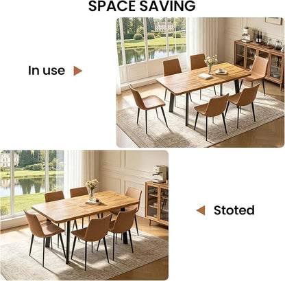Extendable Dining Table Set for 4 to 8 People, 47.2" to 63" Modern Kitchen Table Set with 6 Leather Chairs, MDF Dining Room Table and Chairs with Removable Extension Leaf (Walnut Table+Brown Chairs)