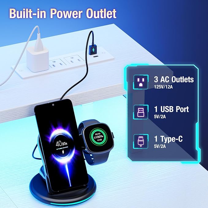 DUMOS 47” Gaming Desk with USB Charging Ports & LED Lights, Reversible Computer Desk with Drawers, PC Desk for Home Office Small Space, Gaming Table Fits PC Towers, White
