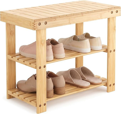 NEWBULIG Shoe Rack Bench, 3-Tier Bamboo Shoe Organizer, Wooden Entryway Storage Bench, 286 lb Load Capacity, 11.2x19.7x17.9 Inches, for Entryway Bathroom Bedroom Balcony, Wood