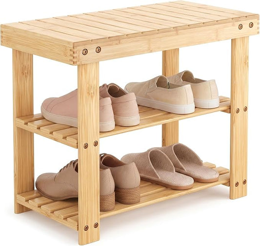NEWBULIG Shoe Rack Bench, 3-Tier Bamboo Shoe Organizer, Wooden Entryway Storage Bench, 286 lb Load Capacity, 11.2x19.7x17.9 Inches, for Entryway Bathroom Bedroom Balcony, Wood
