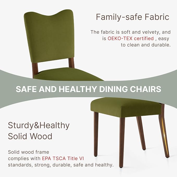 KISLOT Upholstered Dining Chairs Set of 2, Modern Velvet Kitchen Chairs with Solid Wood Legs, High Back Wooden Dining Room Chairs with Dark Walnut Color Legs for Farmhouse Kitchen Dining Room, Green