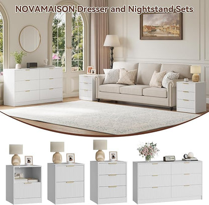 55" Long Dresser and Nightstand Set 3-Piece, 6 Drawer Dressers & Night Stand Set of 2 with Metal Handle, Fluted Modern Wood Chest of Drawers Storage Dressers Set for Bedroom, White