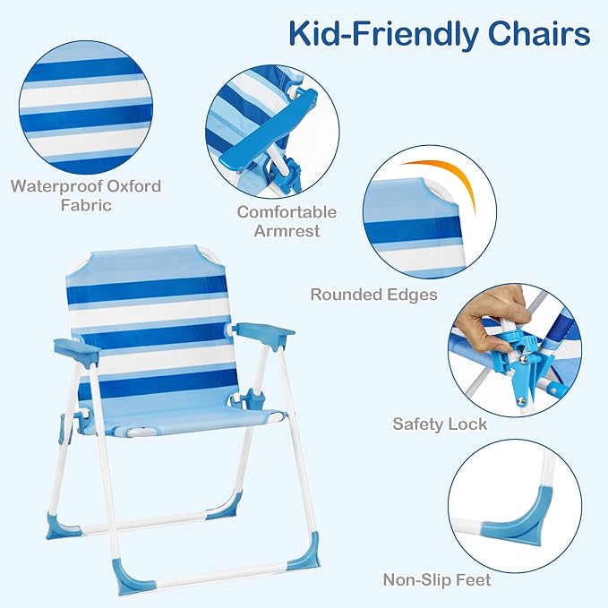 Olakids Kids Picnic Table, Outdoor Toddler Patio Furniture Set with 2 Folding Chairs Adjustable Foldable Umbrella for Garden Backyard Beach (Blue)