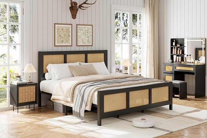 Garvee Rattan Bed Frame with Headboard, Bohe Platform King Size Bed Frame with Strong Metal Slats Support, No Box Spring Needed, Noise-Free Design, Black