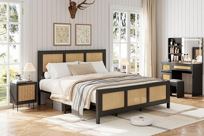 Garvee Rattan Bed Frame with Headboard, Bohe Platform King Size Bed Frame with Strong Metal Slats Support, No Box Spring Needed, Noise-Free Design, Black