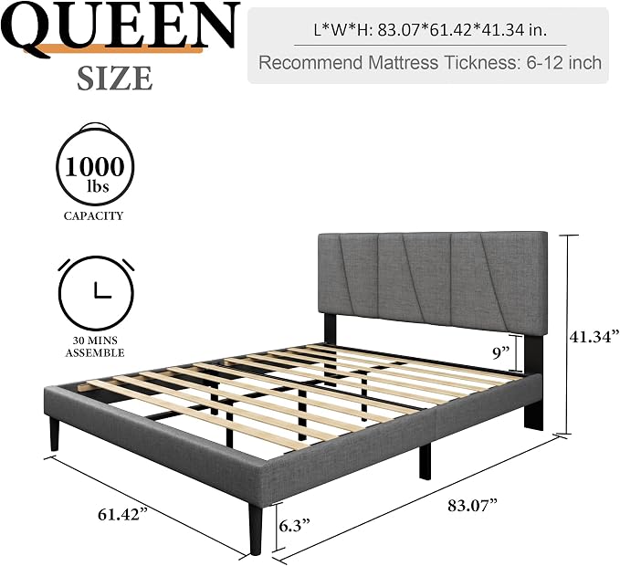Sismplly Queen Size Platform Bed Frame with Modern Upholstered Headboard, Wooden Slats Support, Noise Free, No Box Spring Needed, Easy Assembly, Dark Grey, Linen