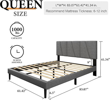 Sismplly Queen Size Platform Bed Frame with Modern Upholstered Headboard, Wooden Slats Support, Noise Free, No Box Spring Needed, Easy Assembly, Dark Grey, Linen