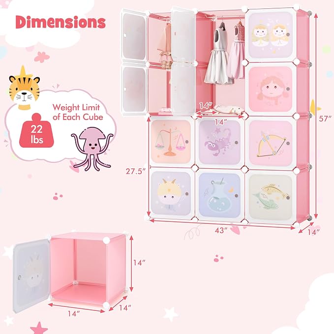HONEY JOY Kids Wardrobe Closet, Baby Cartoon Clothes Storage Organizer, 12 Cubes & 2 Hanging Sections, Portable Children DIY Modular Bedroom Armoire Dresser Cabinet for Boys Girls (Light Pink)