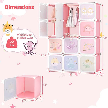 HONEY JOY Kids Wardrobe Closet, Baby Cartoon Clothes Storage Organizer, 12 Cubes & 2 Hanging Sections, Portable Children DIY Modular Bedroom Armoire Dresser Cabinet for Boys Girls (Light Pink)