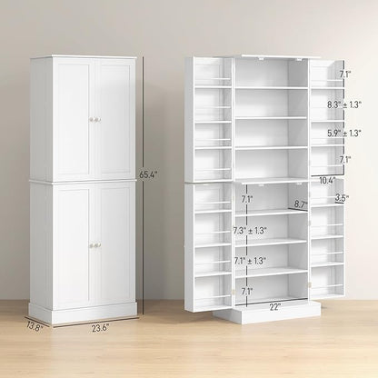 HOMCOM 65" Kitchen Pantry Storage Cabinet, Freestanding Kitchen Cabinet with 16 Door Shelves, Double Doors, 8-Tier Shelving and Adjustable Shelves, White