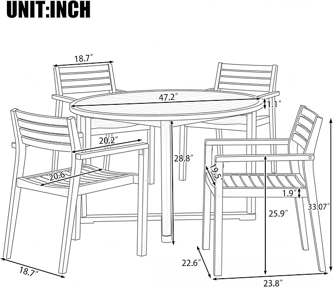 VilroCaz 5-Piece Acacia Wood Outdoor Dining Set for 4, All-Weather 47.2" Round Dining Table with 4 Armchairs and Slatted Design for Patios, Gardens, Pool Sides, and Lawn Areas (Light Brown-4.11)