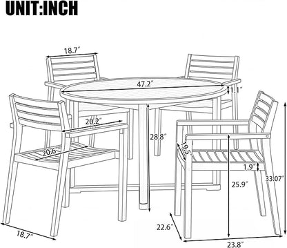 VilroCaz 5-Piece Acacia Wood Outdoor Dining Set for 4, All-Weather 47.2" Round Dining Table with 4 Armchairs and Slatted Design for Patios, Gardens, Pool Sides, and Lawn Areas (Light Brown-4.11)