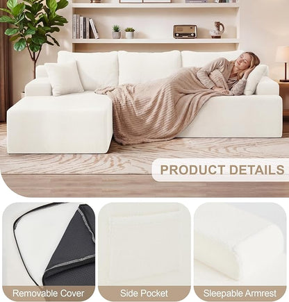 Hobestluk Modular Sectional Sofa Couches L-Shape Couch 3 Seat Modular Sofa Memory Foam Sectional Couches for Living Room, Cloud Couch with Oversized Chaise (White Smooth, 96", Left Hand Facing)