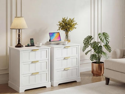 ChooChoo White Nightstand Set of 2, 3 Drawer Night Stand with Charging Station, Larger Bedside Table with USB-C, Modern End Table with Storage for Bedroom