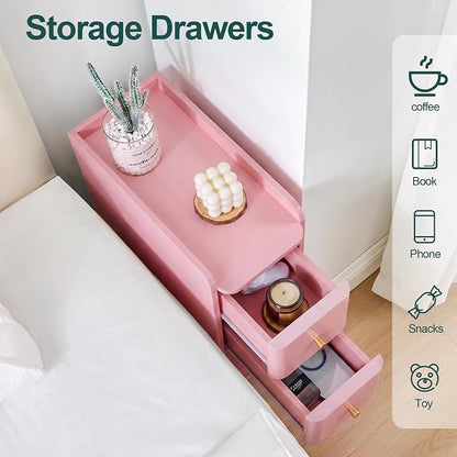 Pink Narrow Nightstand, Wooden Small 2 Drawer Nightstand, Slim Side End Table, Skinny Bedside Table, Mid Century Modern Night Stand with Drawers, for Living Room (Pink-1 pc)