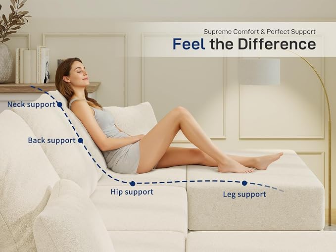Living&Giving 128" U-Shaped Cloud Sectional Couch for Living Room, Cloud Boneless Couch-No Assembly with Reversible Chaise, Customizable 4-Seat Modular Sectional Sofa with 3 Ottoman, Beige