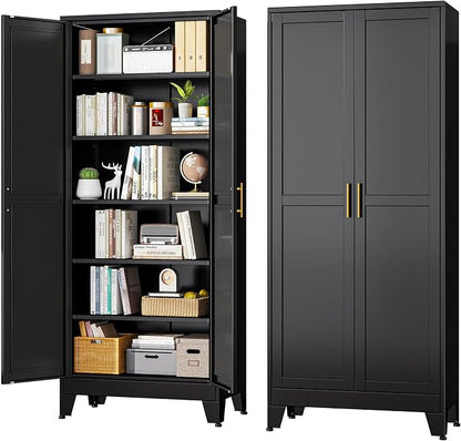 Black Metal Storage Cabinet,75" Steel Cabinets for Home Office | Kitchen Pantry Storage Cabinet with Doors and 5 Adjustable Shelves, Tool Cabinets, for Office, Home, Garage, School