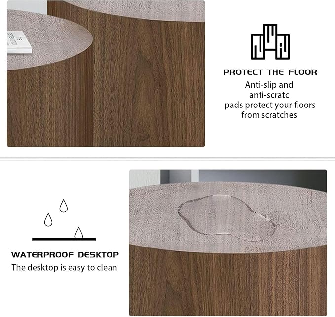 Nesting Coffee Table Set of 2, Wood Round Coffee Table, Modern Coffee Table for Small Space Living Room, Walnut