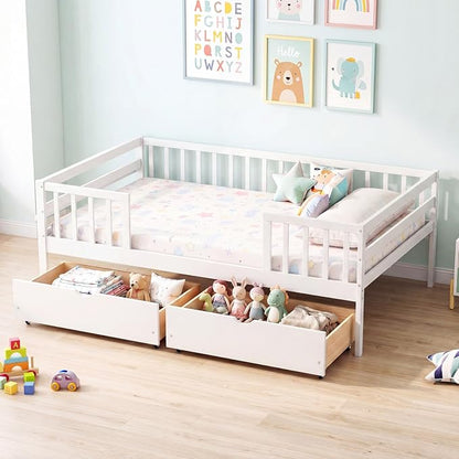 Giantex Full Kids Bed with Storage Drawers, Wood Montessori Bed with Rails & Side Shelf, Low Daybed Bed Frame for Boys Girls, No Box Spring Needed (White)