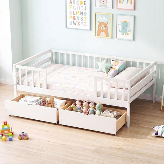 Giantex Full Kids Bed with Storage Drawers, Wood Montessori Bed with Rails & Side Shelf, Low Daybed Bed Frame for Boys Girls, No Box Spring Needed (White)