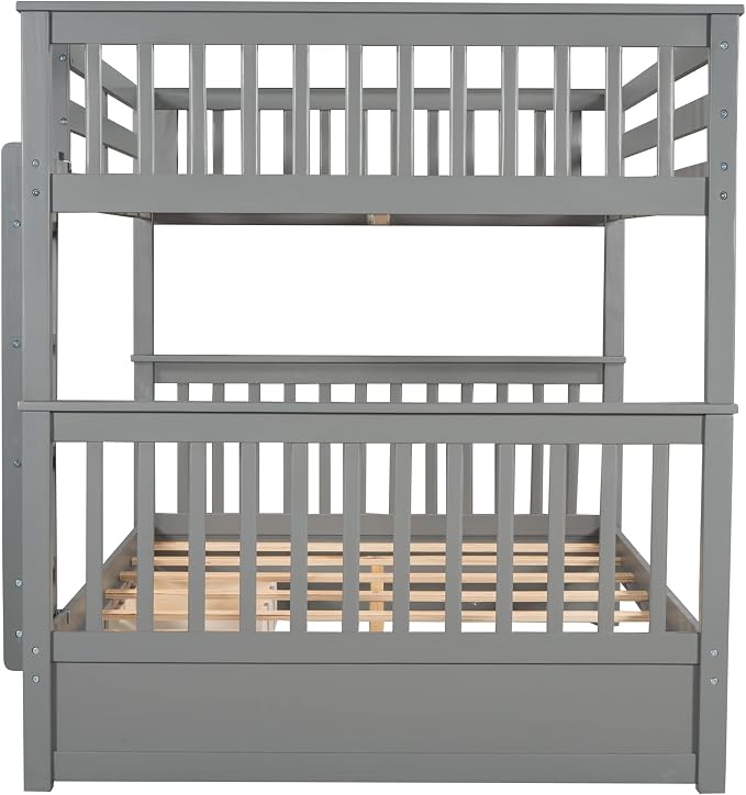 Merax Full-Over-Full Bunk Bed with Two Storage Drawers, Solid Wood Full Size Bunk Bed with Guardrail and Removable Ladder, Can be Converted Into 2 Separate Beds, Grey