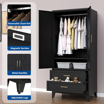 Steel Armoire Wardrobe Closet, 71" Metal Clothing Storage Cabinets with 2 Doors, 2 Drawers and 1 Adjustable Shelf, Black Wardrobe Cabinet with Hanging Rod for Bedroom, Gym