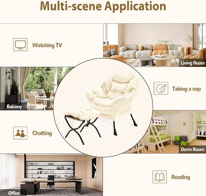 Youtanic Lazy Chair with Folding Ottoman, Accent Chair Velvet Upholstered with Metal Structure and Non-Slip Pads, Sofa Armchair with Footrest and Side Storage Bag for Dorm, Room, Office, Beige