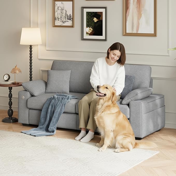 MALOL 89" Loveseat Couch, 3 Seater Upholstered Midcentury Mondern Love Seat with USB Type C Ports, 4 Pillows and Storage Armrest Cloud Foam Sofa for Living Room/Small Spaces, Grey | Breathable material