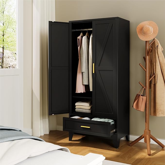 YAUWOH Farmhouse Wardrobe Cabinet with Drawers,Metal Wardrobe Closet with Hanging Rod,Metal Armoire with Adjustable Shelves for Bedroom, Cloak Room,Office （Black