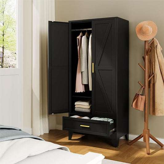 YAUWOH Farmhouse Wardrobe Cabinet with Drawers,Metal Wardrobe Closet with Hanging Rod,Metal Armoire with Adjustable Shelves for Bedroom, Cloak Room,Office （Black
