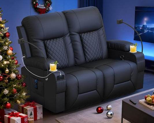 Loveseat Recliner Sofa, Home Theater Seating with Storage & Pocket, Reclining Loveseat Sofa with USB Ports & Phone Holders, Wall Hugger Recliner RV Couch Furniture